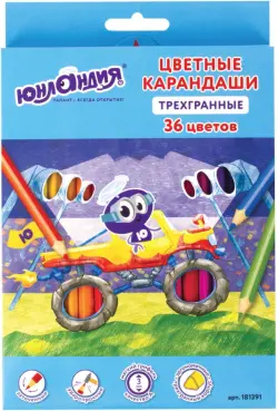 Карандаши цветные "Юнландик быстрее всех", 36 цветов, трехгранные, заточенные