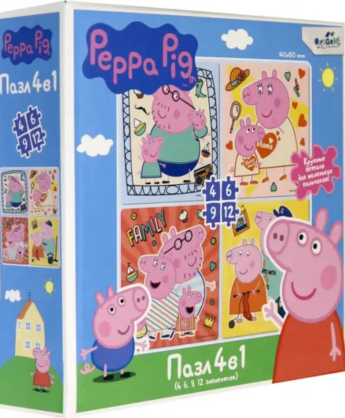 

Пазл 4 в 1. Peppa Pig. Семья вместе, 4, 6, 9, 12 элементов, Розовый