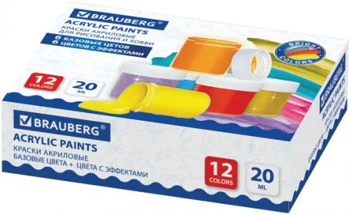 

Краски акриловые для рисования и хобби "Brauberg", 12 цветов по 20 мл (6 базовые + 6 с эффектами), Мульти