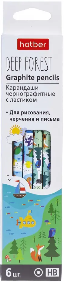 

Карандаши чернографитные "Deep Forest", с ластиком, НВ, 6 штук, Белый
