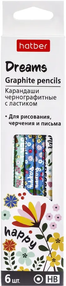 

Карандаши чернографитные "Dreams", с ластиком, НВ, 6 штук, Белый