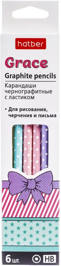 

Карандаши чернографитные "Grace", с ластиком, НВ, 6 штук, Белый