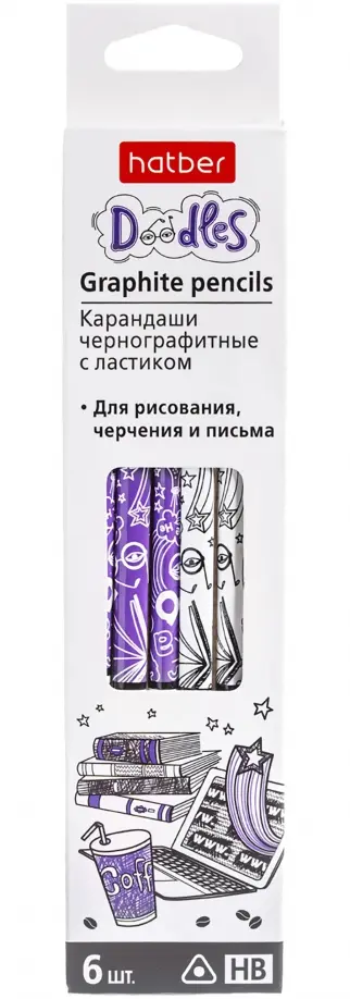 

Карандаши чернографитные "Doodles", с ластиком, НВ, 6 штук, Белый