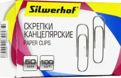 Скрепки канцелярские "Silwerhof", оцинкованные, 50 мм, 100 штук, арт. 491037