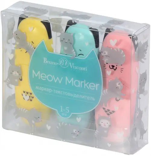 

Набор текстовыделителей Meow Marker, 3 штуки, пастельный желтый, розовый, голубой