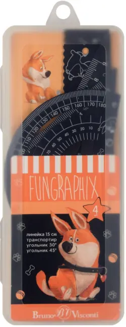 Набор измерительных металлических инструментов FunGraphix, транспортир, линейка, два треугольника