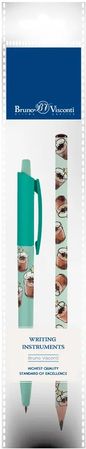 Ручка шариковая автоматическая HappyClick, синяя и карандаш HappyGraphix. Шоколадный коктейль, HB