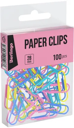 Скрепки, 28 мм, 100 штук, ассорти пастель