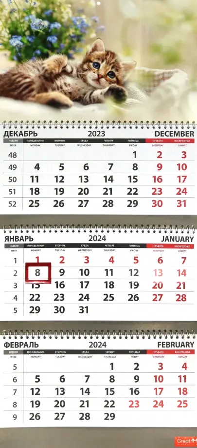 

Календарь квартальный на 2024 год Котята. Цветы
