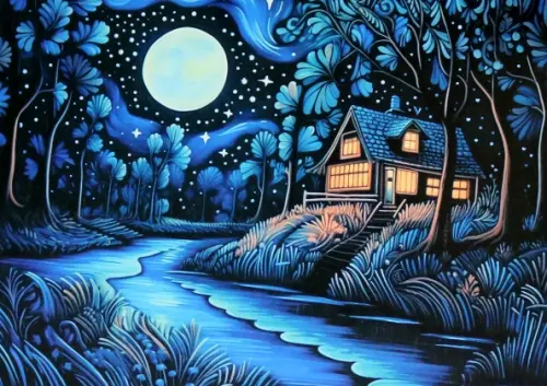 Алмазная мозаика на подрамнике Ночь в лесу частичная выкладка 566₽